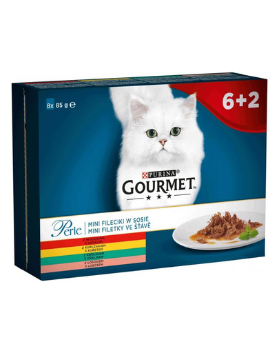 GOURMET Perle „Mini filės  padaže (jautiena, vištiena, triušis, lašiša) kolekcija. 8x85g drėgnas kačių maistas