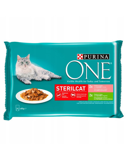 PURINA ONE Sterilcat skonių mišinys (su kalakutiena ir šparaginėmis pupelėmis, su lašiša ir morkomis) 4x85g šlapias maistas sterilizuotoms katėms