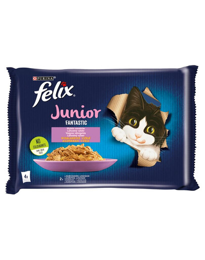 FELIX FANTASTIC Junior Skonių mišinys drebučiuose (vištiena, lašiša) 24x85g drėgnas maistas kačiukams