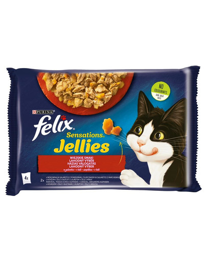 FELIX Sensations Jellies Kaimo skoniai drebučiuose(jautiena su pomidorais, vištiena su morkomis)4x85g drėgnas kačių maistas