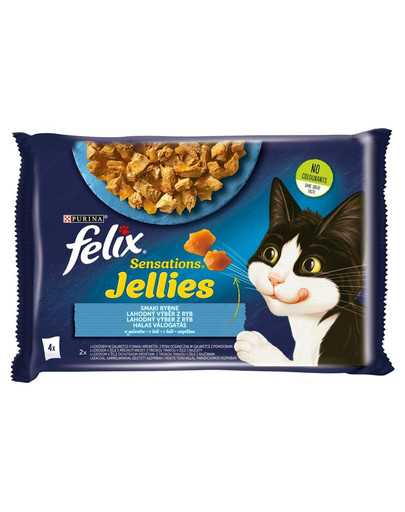 FELIX Sensations Jellies Žuvies skonio drebučiuose  (lašiša ir krevetės, vandenyno žuvis su pomidorais)  85gdrėgnas kačių maistas