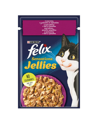 FELIX Sensations Jellies Antis drebučiuose su špinatais 85 g drėgnas kačių maistas