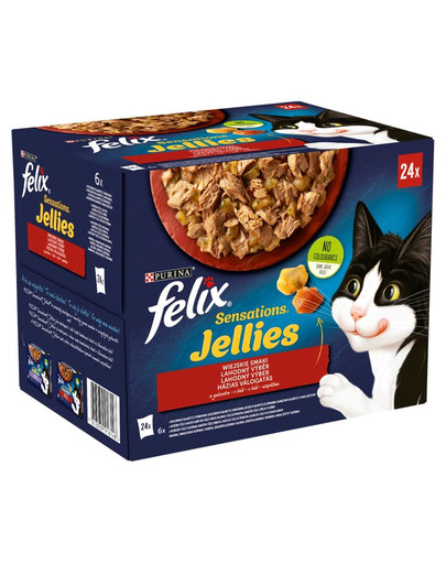 FELIX Sensations Jellies Kaimo skoniai drebučiuose 24x85g drėgnas kačių maistas