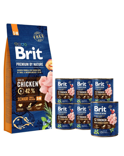 BRIT Premium By Nature Senior Small Medium S+M 15 kg + 6 x 800 g BRIT vištienos ir širdžių šunų šlapias maistas