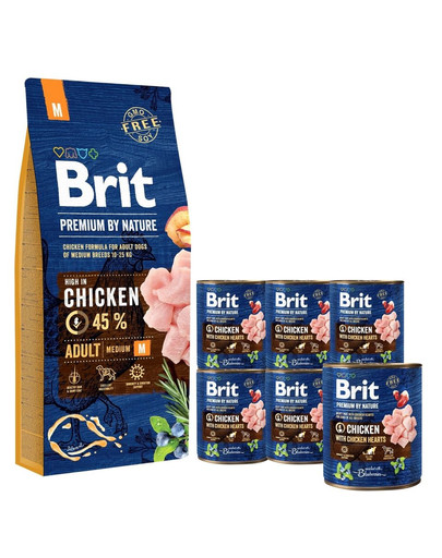 BRIT Premium By Nature Adult Medium M 15 kg + 6 x 800 g BRIT vištienos ir širdžių šunų šlapias maistas