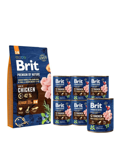 BRIT Premium By Nature Senior Small Medium S+M 8 kg + 6 x 800 g BRIT vištienos ir širdelių šlapio ėdalo šunims