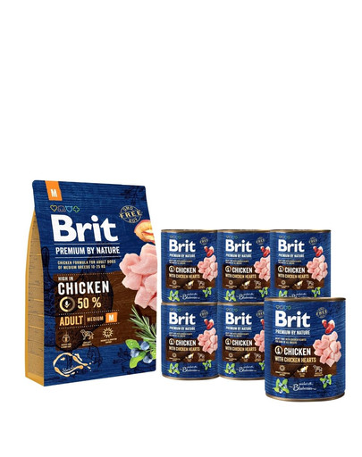 BRIT Premium By Nature Adult Medium M 3 kg + 6 x 800 g BRIT vištienos ir širdžių šunų šlapias maistas