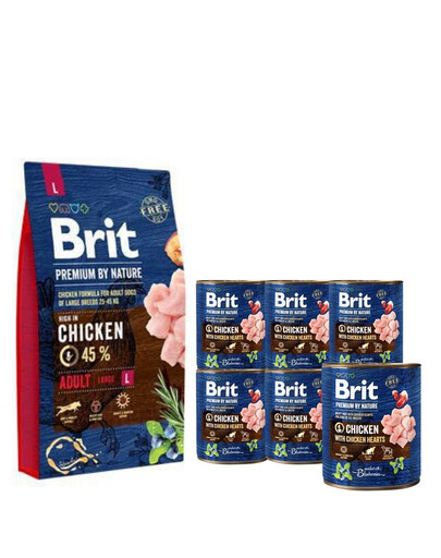 BRIT Premium By Nature Adult Large L 8 kg + 6 x 800 g BRIT vištienos ir širdžių šunų šlapias maistas