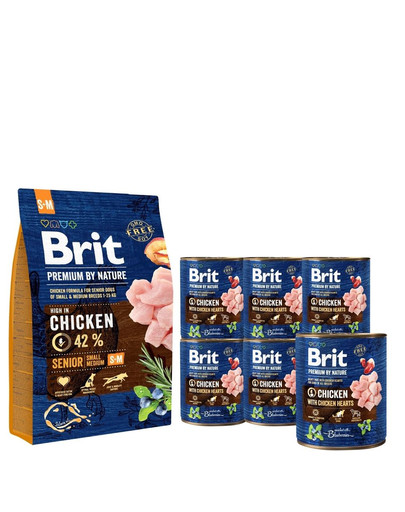 BRIT Premium By Nature Senior Small Medium S+M 3 kg + 6 x 800 g BRIT vištienos ir širdžių šunų šlapias maistas