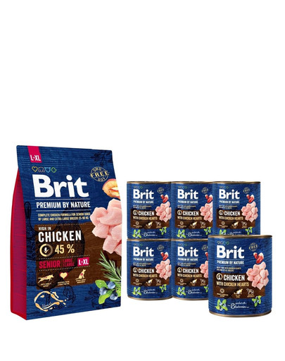 BRIT Premium By Nature Senior Large Extra Large L+XL 3 kg + 6 x 800 g BRIT vištienos ir širdžių šunų šlapias maistas