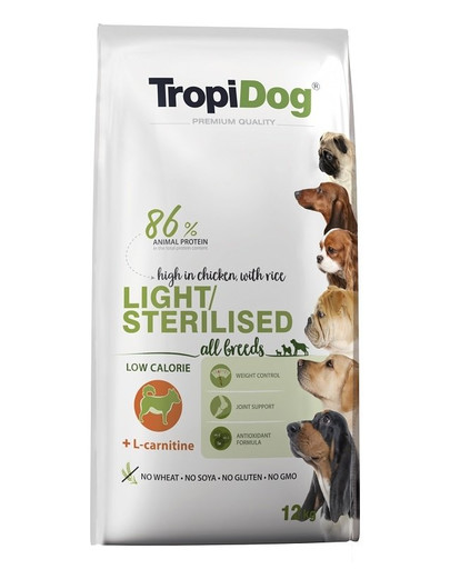 TROPIDOG Premium Light-Sterilised 12kg sausas maistas antsvorio turintiems šunims