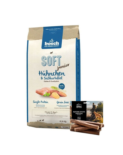 BOSCH Soft junior vištiena ir saldžiosios bulvės 12,5 kg + natūralūs  cigarai  su jautiena 7 vnt.
