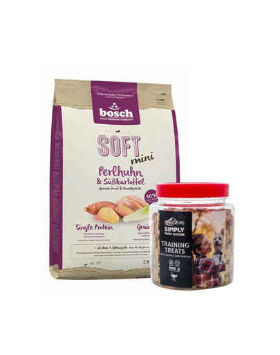 BOSCH Soft mini perlinės vištos ir saldžiosios bulvės 2,5 kg + treniruočių skanėstai su stručiu 300 g