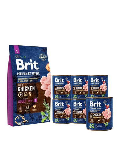 BRIT Premium By Nature Adult Small S 8 kg + 6 x 800 g BRIT vištienos ir širdžių šunų šlapias maistas