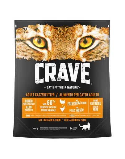CRAVE sausas grūdų neturintis kačių maistas su kalakutiena ir vištiena 5 x 750 g