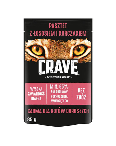 CRAVE 85g - lašišos ir vištienos paštetas - visavertis drėgnas ėdalas be grūdų suaugusioms katėms