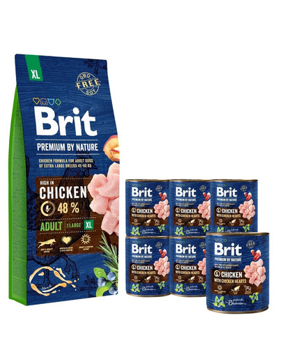 BRIT Premium By Nature Adult Extra Large XL 15 kg + 6 x 800 g BRIT vištienos ir širdžių šunų šlapias maistas