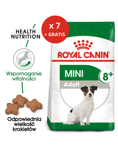 ROYAL CANIN Mini Adult 8+ 2 kg sausas maistas vyresniems šunims nuo 8 iki 12 metų mažų veislių x 7 + kuprinė NEMOKAMA