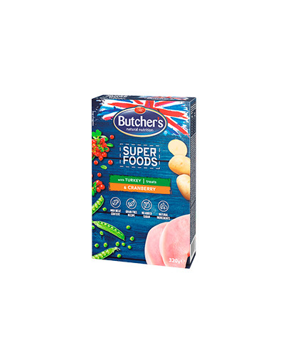 BUTCHER'S Superfoods Treats su kalakutiena ir spanguolėmis 6 x 320 g