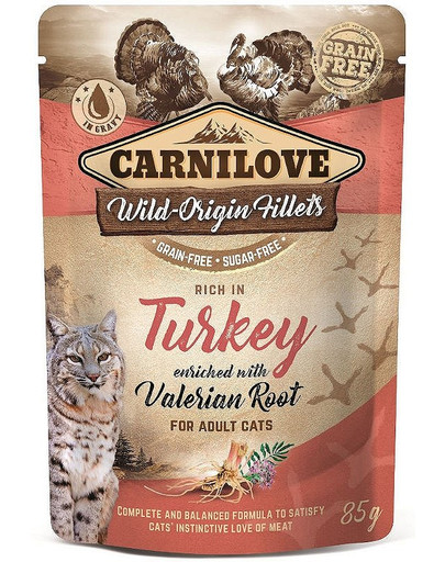 CARNILOVE Turkey & Valerian 24 x 85g šlapias kačių maistas kalakutiena ir valerijonas
