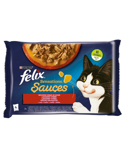 FELIX Sensations Sauce Kaimo skoniai padaže (Kalakutiena ir bekonas, ėriena ir elniena) 48x85g šlapias kačių maistas