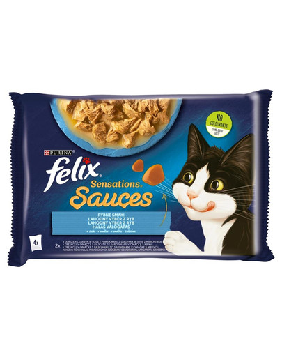 FELIX Sensations Sauce Žuvies skoniai padaže (juodoji menkė su pomidorais, sardinė su morkomis) 4x85g drėgnas kačių maistas