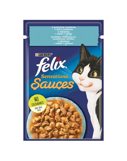 FELIX Sensations Sauce Juodoji menkė pomidorų padaže 85g drėgnas kačių maistas
