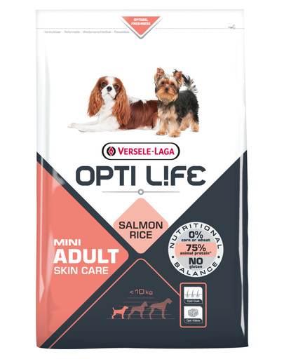 VERSELE LAGA Opti Life Adult Skin Care Medium & Maxi ėdalas suaugusiems mažų veislių šunims su lašiša ir ryžiais 2,5 kg