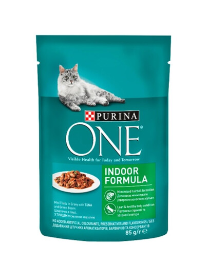 PURINA ONE Indoor Tunas ir šparaginės pupelės katėms 24 x 85 g