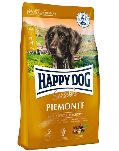 HAPPY DOG Supreme Piemonte su antiena, kaštonais ir žuvimi 1 kg