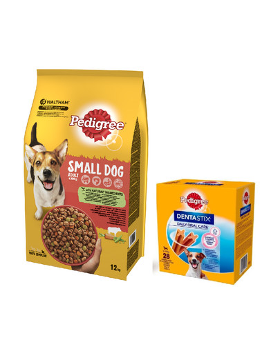PEDIGREE Adult Small dog 12 kg (mažos veislės) su jautiena ir daržovėmis + DentaStix 112 vnt - 110g x 16