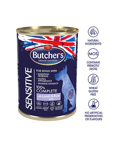BUTCHER'S Blue Sensitive konservai su ėriena ir ryžiais 390 g
