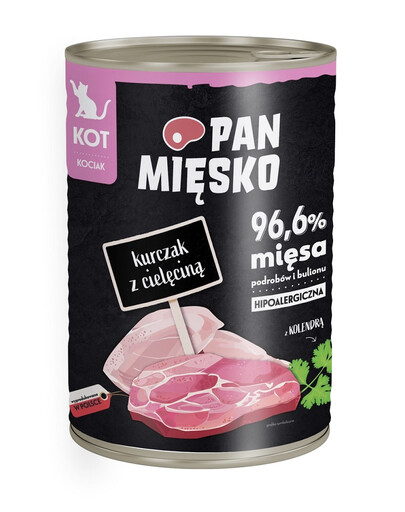 PAN MIĘSKO Vištiena su veršiena hipoalerginis drėgnas maistas kačiukams 400g