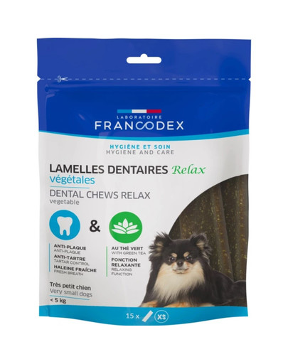 FRANCODEX RELAX mini kramtomosios juostelės dantų akmenims ir nemaloniam kvapui šalinti 114 g/ 15 juostelių