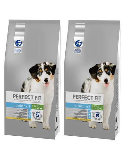 PERFECT FIT Junior (iki 1 metų) Daug vištienos vidutinių ir didelių veislių šunims 2 x 14,5 kg