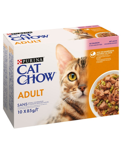 PURINA CAT CHOW Adult Multipack su lašiša ir šparaginėmis pupelėmis drebučiuose 10x85 g