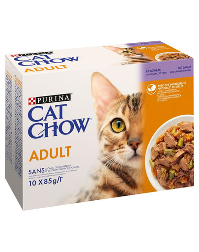 PURINA CAT CHOW Adult Multipack su ėriena ir šparaginėmis pupelėmis drebučiuose 10x85 g