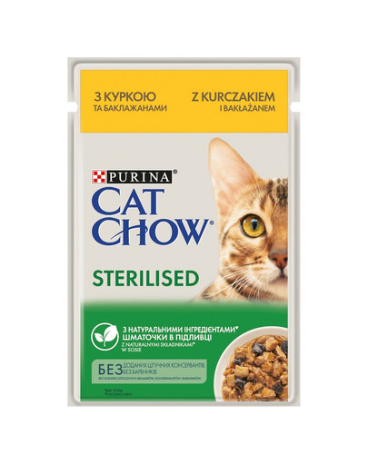 PURINA CAT CHOW Sterilised su vištiena ir baklažanais padaže sterilizuotoms katėms 26 x 85 g