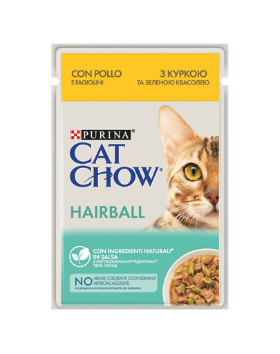 PURINA CAT CHOW Hairball control su vištiena ir šparaginėmis pupelėmis padaže 26 x 85 g