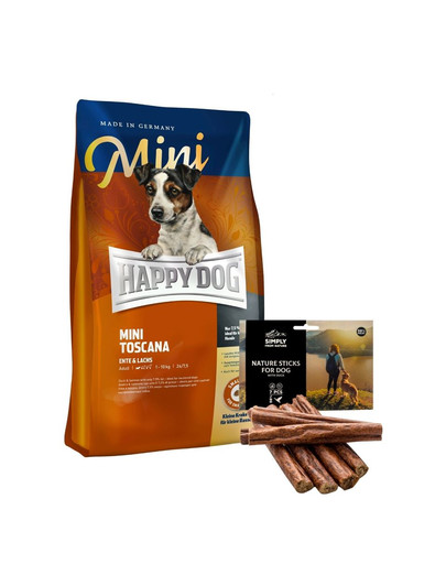 HAPPY DOG Mini Toscana 4 kg + natūralūs cigarai su antiena 7 vnt.