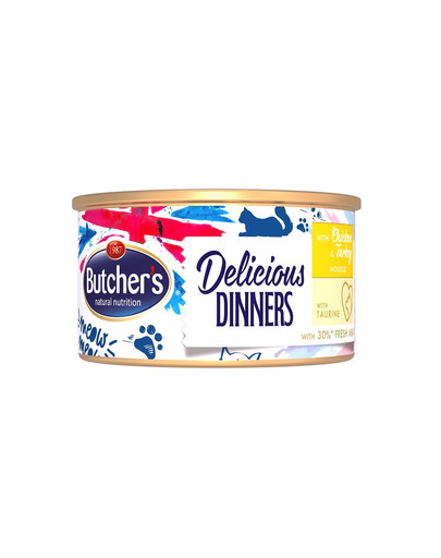 BUTCHER'S Classic Delicious Dinners konservai putėsiai su vištiena ir kalakutiena 85 g