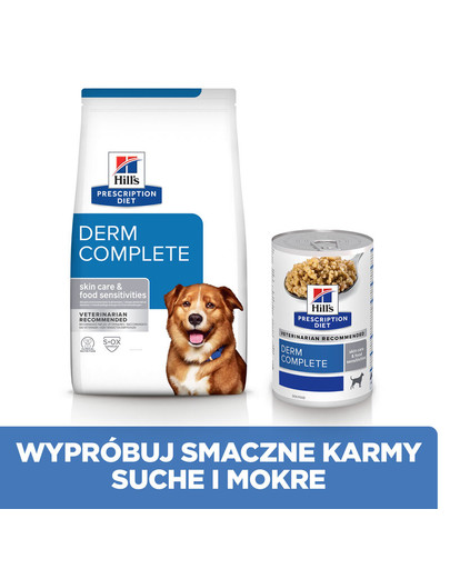 HILL'S Prescription Diet Canine Derm Complete 12 kg dietinis visavertis maistas, skirtas odos funkcijai palaikyti