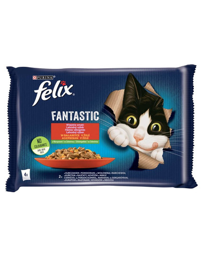 FELIX FANTASTIC Kaimų skoniai drebučiuose (vištiena su pomidorais, jautiena su morkomis) 4x85g drėgnas kačių maistas
