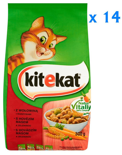 KITEKAT sausas maistas katėms su jautiena ir dažovėmis 0.3 kg x14