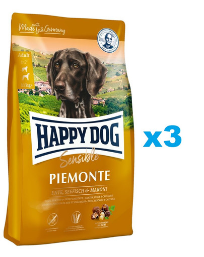 HAPPY DOG Supreme piemonte - antis, kaštonas, žuvis 3 x 10 kg