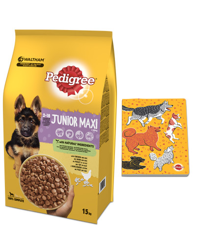 PEDIGREE Junior  Maxi 15kg (didelių veislių) - sausas maistas šunims su vištiena ir ryžiais + knygelė NEMOKAMAI