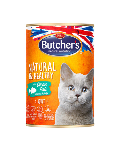 BUTCHER'S Natural&Healthy Cat su jūros žuvies gabalėliais drebučiuose 24x400 g