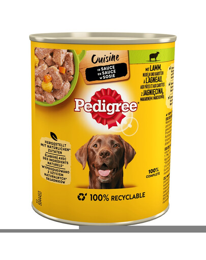 PEDIGREE Cuisine Adult skardinė 800g - drėgnas visavertis ėdalas suaugusiems šunims su ėriena, makaronais ir morkomis padaže