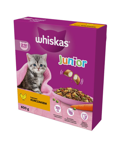 WHISKAS Junior 5x800 g sausas visavertis maistas kačiukams su gardžia vištiena
