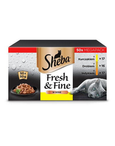 SHEBA Fresh&Fine 50x50 g Vištienos, paukštienos ir kalakutienos padažo paketėliai